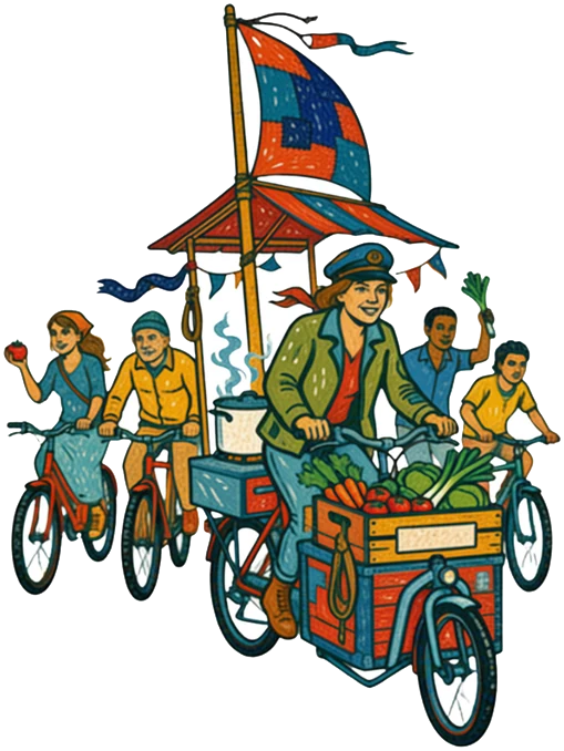 Holzschnitt: Eine Kapitänin fährt eine Lastenrad-Küche mit Segel, Gemüsekiste und dampfendem Topf, ihre Crew radelt hinterher.